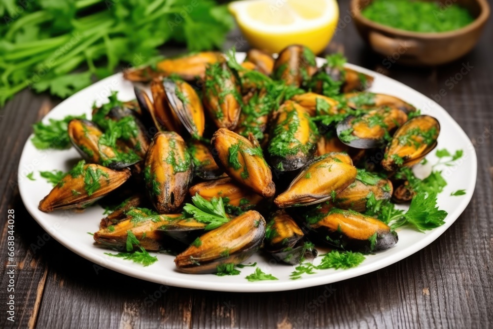 barbecue mussels garnished with fresh parsley barbecue mussels garnished with fresh parsley