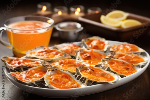 barbecued oysters with tabasco sauce on the side