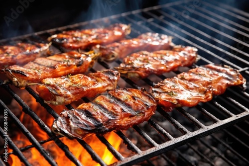 barbecued oysters on metal grill with smoke rising