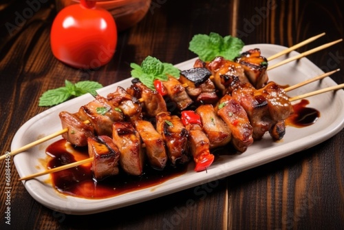 grilled pork belly on skewers with spicy sauce