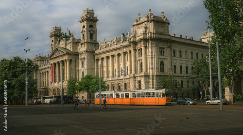 Beautiful view of the Ethnographic Museum of Budapest with its typical trams circulating through the streets