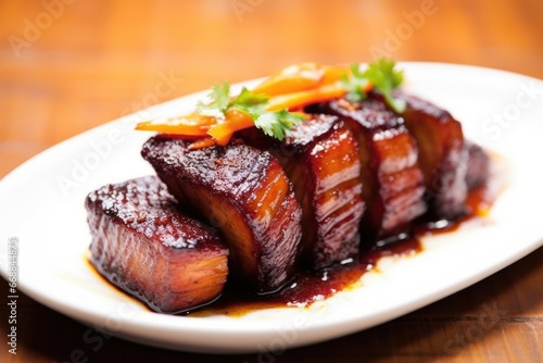 close-up shot of garnished barbecued pork belly