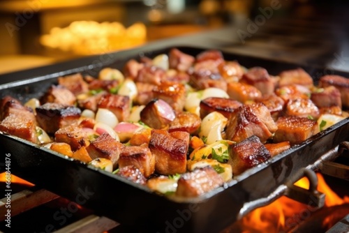 korean-style bbq pork belly on a sizzling pan