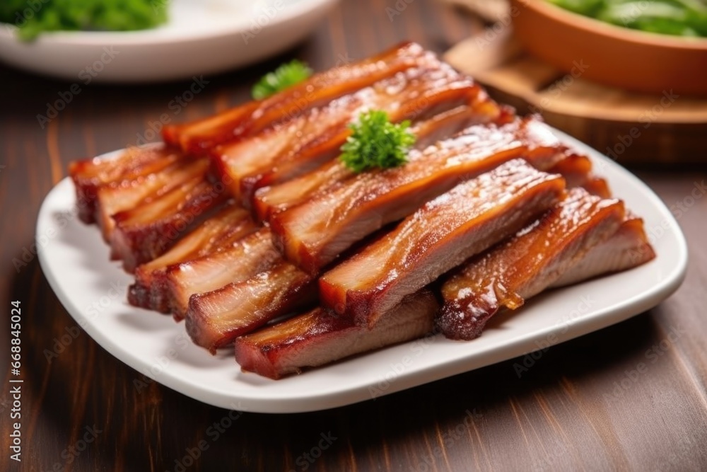 bbq pork belly cut into thin slices on a plate bbq pork belly cut into thin slices on a plate