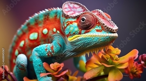 Close-up of a colorful chameleon on a plant. © Sariyono