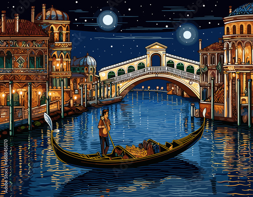 Illustration depicts a serene Venice night. A gondolier navigates the canal under a starry sky, passing illuminated buildings and a prominent bridge © danr13
