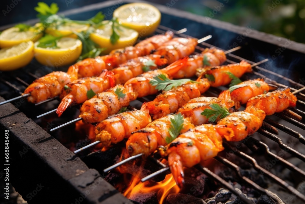 sizzling shrimps on barbeque with herbs and spices