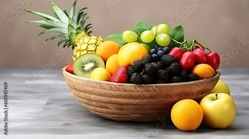 Mix of fruits in a bowl on a gray background. Healthy food concept.