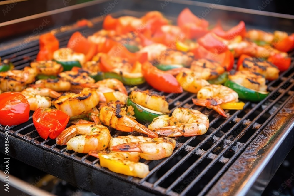 closeup of a barbecue grate with grilled shrimps