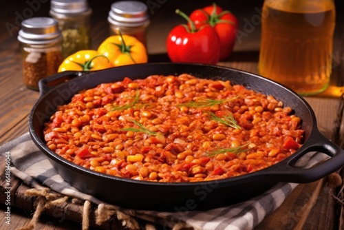 closeup of bbq baked beans inside a rustic pan