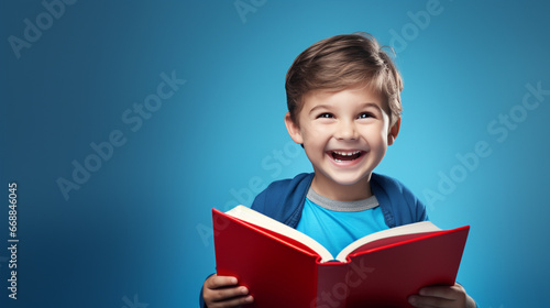 Little happy kid reading a book