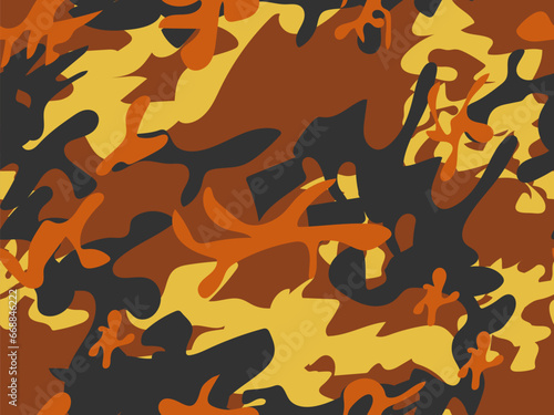 Urban Camo Print. Yellow Vector Pattern. Military Vector Camouflage. Yellow Black Paint. Abstract Camo Canvas. Dirty Camouflage Seamless Brush. Repeat Orange Abstract Camoflage Orange Fabric Texture. © Ihar