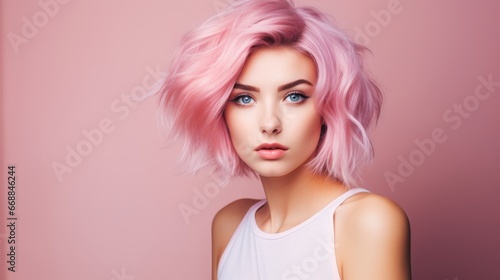 Stunning Young Woman Portrait with Pastel Pink Hair: Perfect Smooth Skin on Matching Pastel Pink Background - Contemporary Beauty in Focus