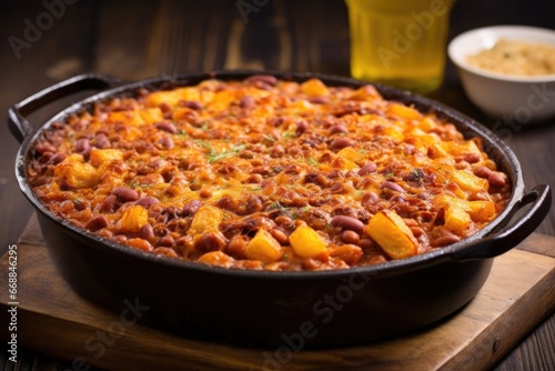 bbq baked beans with cheese melted on top in casserole