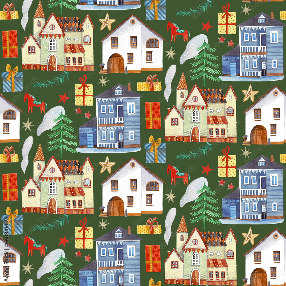 Christmas watercolor pattern, with houses