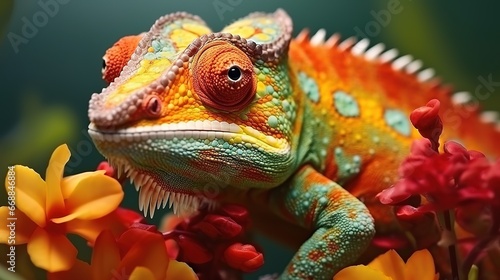 Chameleon close-up portrait on the background of flowers. photo