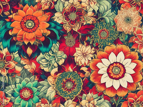 Retro floral wallpaper. Colorful background with various flowers.