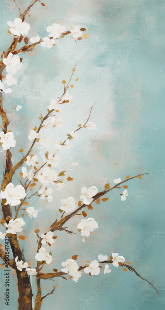 Cherry blossoming on a mossy green backdrop, in the style of soft, muted palette