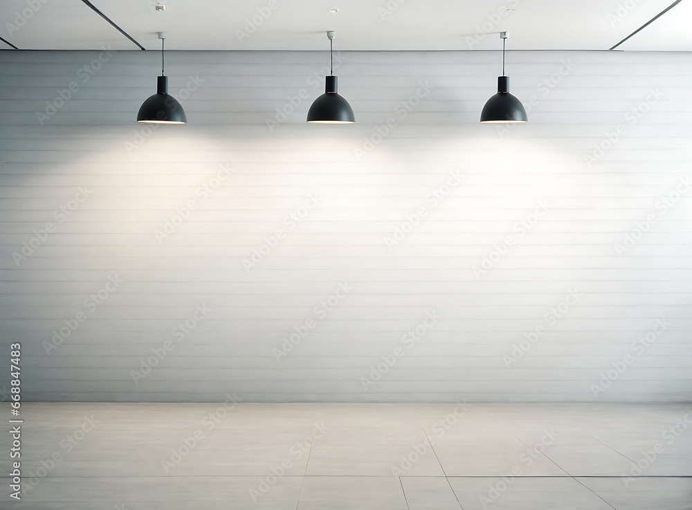 Empty interior room with white wall and black ceiling lamps