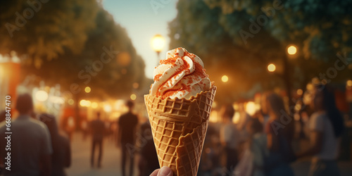 Holding delicious ice cream in park.