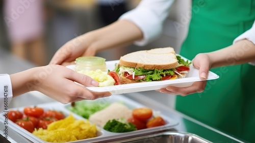 Hands of female volunteers holding plate with tasty sandwiches in kitchen  closeup