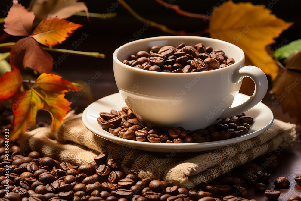 Coffee beans in a coffee cup on the table with a napkin and autumn leaves Coffee beans in a coffee cup on the table with a napkin and autumn leaves