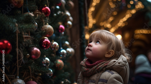 A child looks at Christmas tree ornaments. AI Generated ©  iiulia