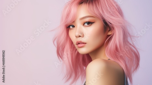 Radiant Young Asian Woman Portrait with Pastel Pink Hair: Perfect Smooth Skin on Matching Pastel Pink Background - Contemporary Beauty in Focus