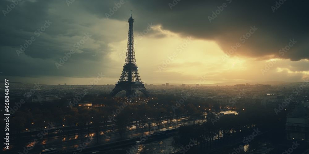 Eifel tower paris burning droneview. - obrazy, fototapety, plakaty 
