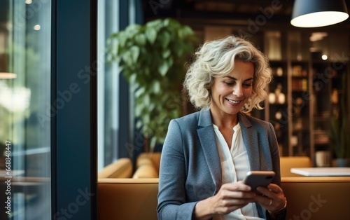 Mature smiling business woman using a mobile phone in an office photo
