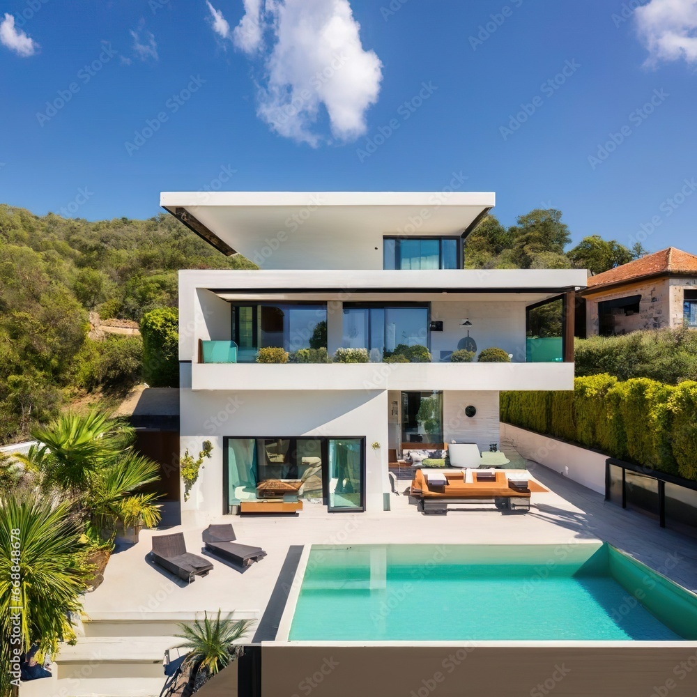 Fototapeta premium modern villa with open plan living and private bedroom wing with small terrace for relaxation - Generative AI