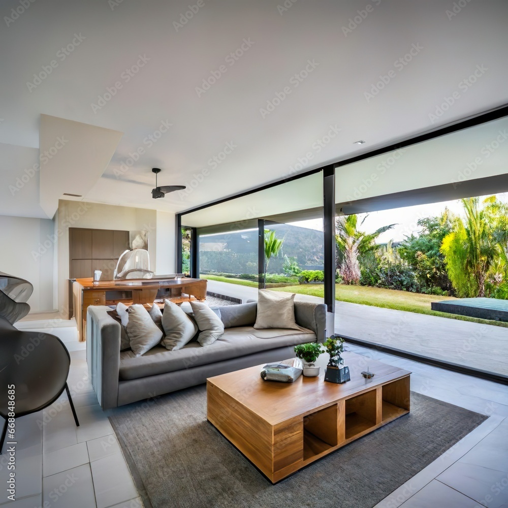 modern villa with open plan living and private bedroom wing with small terrace for relaxation - Generative AI modern villa with open plan living and private bedroom wing with small terrace for relaxation - Generative AI