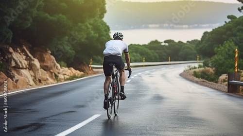 Cyclist Riding the Bike on the Asphalt Road in the Mountains