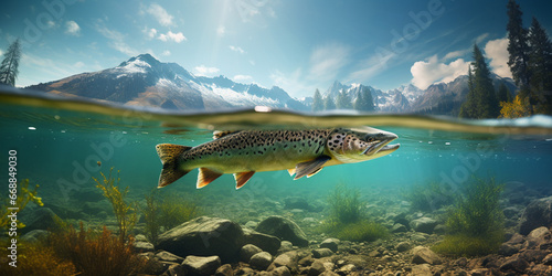 Big trout swimming under water line
