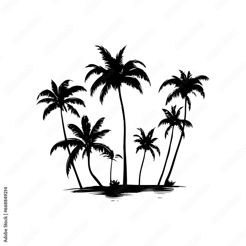 black Coconut Tree palms silhouette on white background