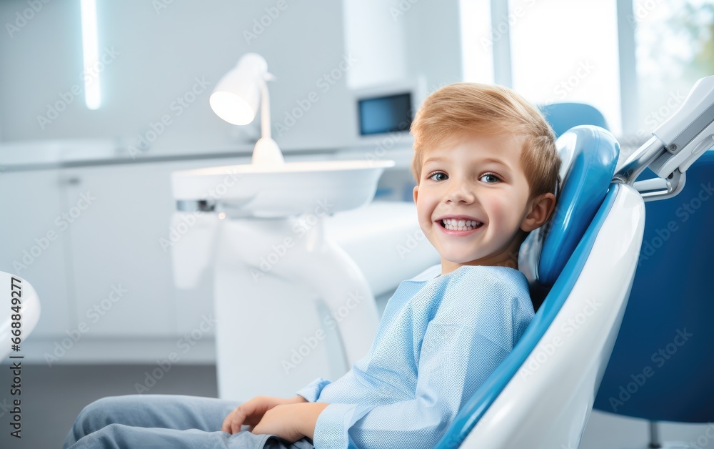 A happy child sitting in the dental chair at a dentist A happy child sitting in the dental chair at a dentist