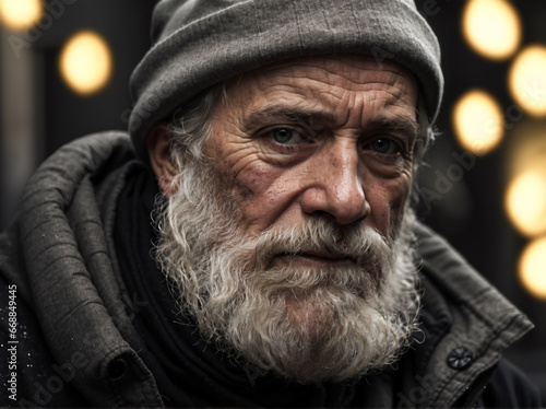 A melancholic scene featuring a homeless individual dressed as Santa Claus, set against the backdrop of festive Christmas lights. Generated Ai