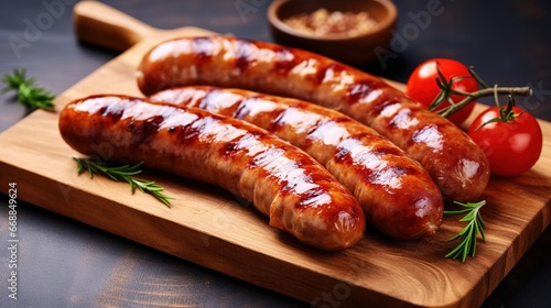 Grilled sausages on wooden cutting board with rosemary and tomatoes