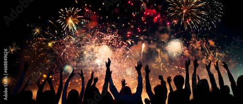 Crowd of people watching fireworks in the night sky with hands raised up, silhouette