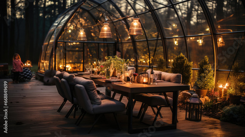 Romantic dinner in a glasshouse on the background of the forest.