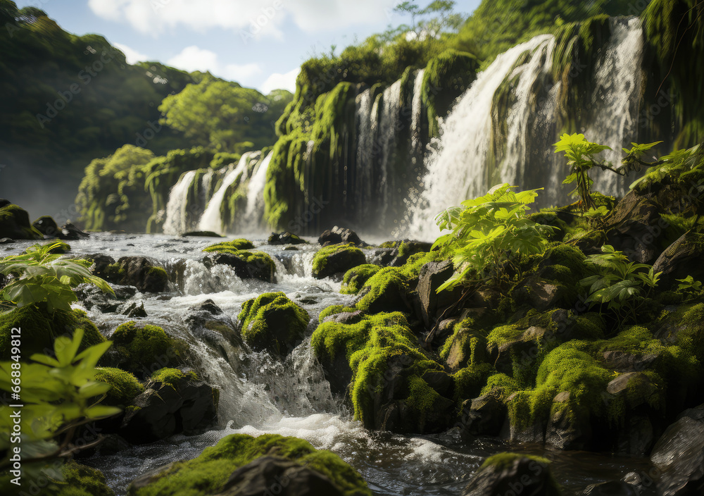 Obraz premium A Waterfall in Tropical Jungle Poster, Capturing the Lush Serenity and Flowing Elixir of Nature's Secluded Retreat, Crafted by Generative AI