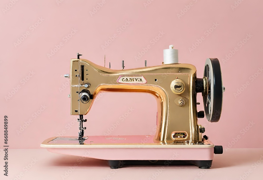 stitch tailoring sewing machine Big Ben gold and pink colors, Generative AI,