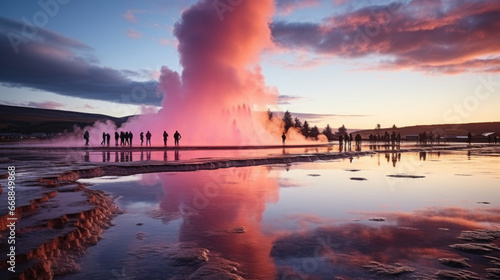 Pink sunset view of strokkur geysir eruption in Iceland, Europe.