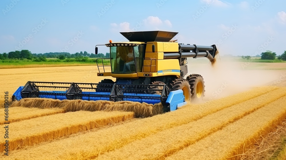 Obraz premium Combine harvester working on a wheat field. Agricultural machinery