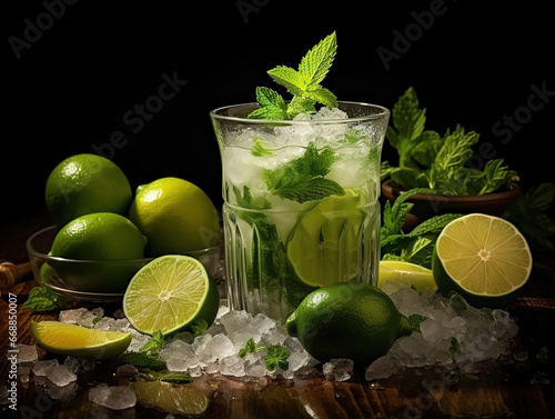 Glass with mortar and ingredients for preparing mojito on table. Generative Ai