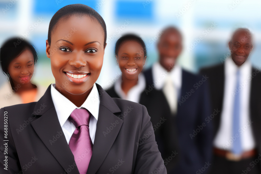 Beautiful smiling dark-skinned girl in a business suit among her colleagues in the office Beautiful smiling dark-skinned girl in a business suit among her colleagues in the office