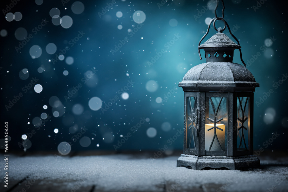 Christmas lantern with candle on a snowy table Christmas lantern with candle on a snowy table