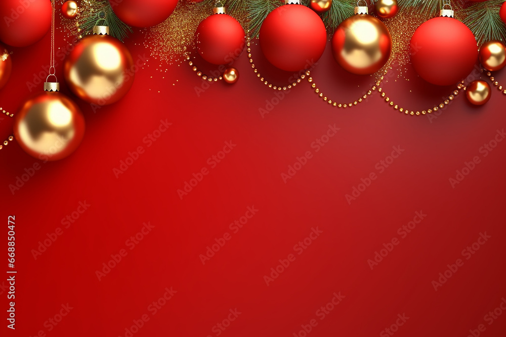 Christmas Border with Fir Branches and Decoration Ornaments Elements on Red Background - Created with generative AI tools Christmas Border with Fir Branches and Decoration Ornaments Elements on Red Background - Created with generative AI tools