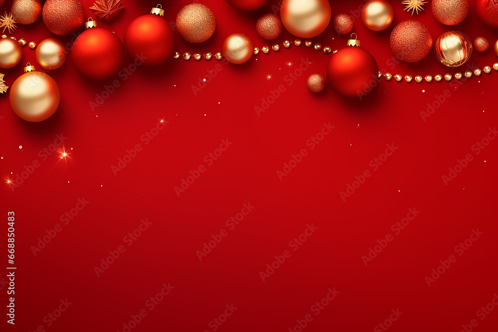 Christmas Border with Fir Branches and Decoration Ornaments Elements on Red Background - Created with generative AI tools Christmas Border with Fir Branches and Decoration Ornaments Elements on Red Background - Created with generative AI tools
