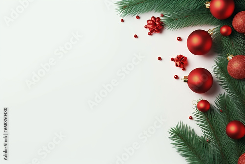 Christmas Composition. Gifts, Fir Tree Branches, Red Decorations on White Background - Created with generative AI tools